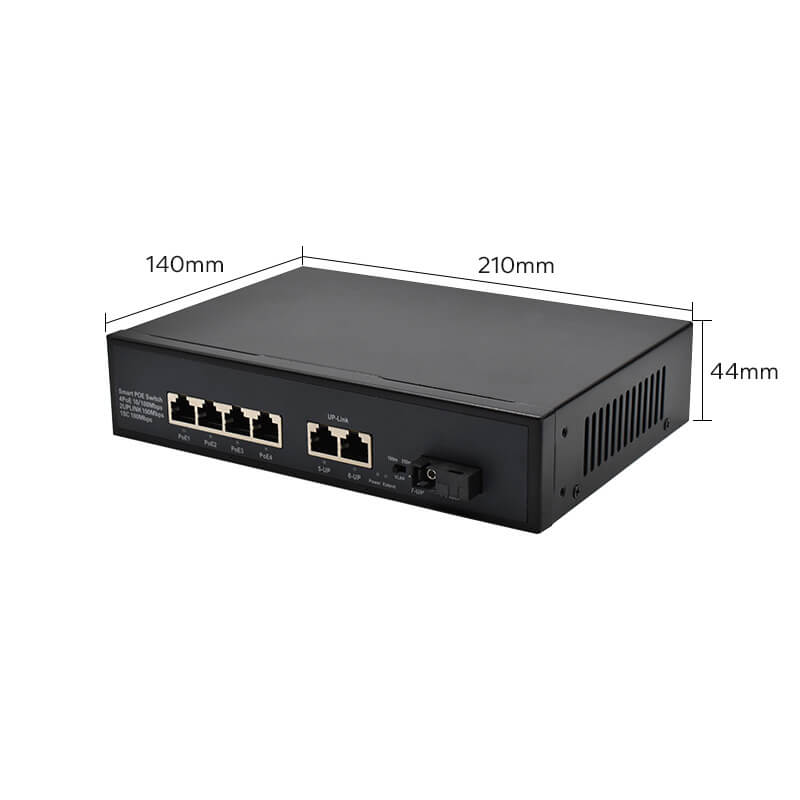 Product size: SF421P | Unmanaged 10/100mbps 4-Port-PoE-Switch mit Fiber Uplink