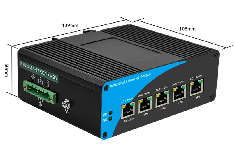 Product size: ISF410P | Unmanaged Industrial PoE Switch 5-Port-Fast-Ethernet