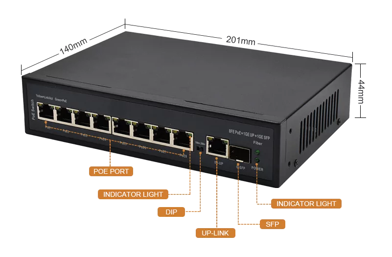 Product size: SL811P | Unmanaged PoE Schalter 8 Ports mit 2 Gigabit-Uplink RJ45 SFP