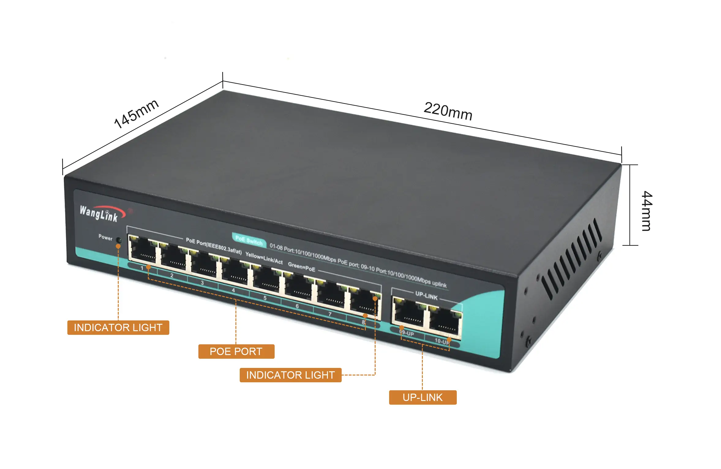 Product size: SG82P | Unmanaged 8 port gigabit ethernet poe switch mit 2 Uplink