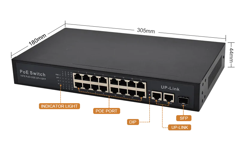 Product size: SL1621P | Gigabit 16 port poe Netzwerk Schalter mit 2 Uplink 1 SFP/LC/SC/FC/ST