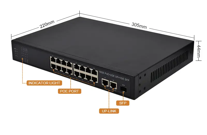 Product size: SG1621P | Gigabit unmanaged poe ethernet switch 16-port 2 uplink 1 sfp/sc/lc/fc/st