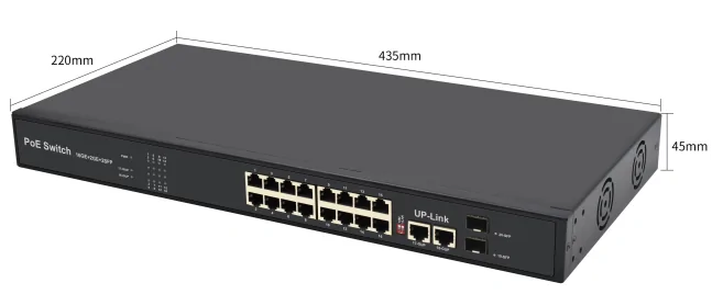 Product size: SG1622P-SFP-R | Unmanaged Rack-mount 16-port gigabit ethernet poe switch 2 uplink, 2 sfp – /sc/lc/fc/st