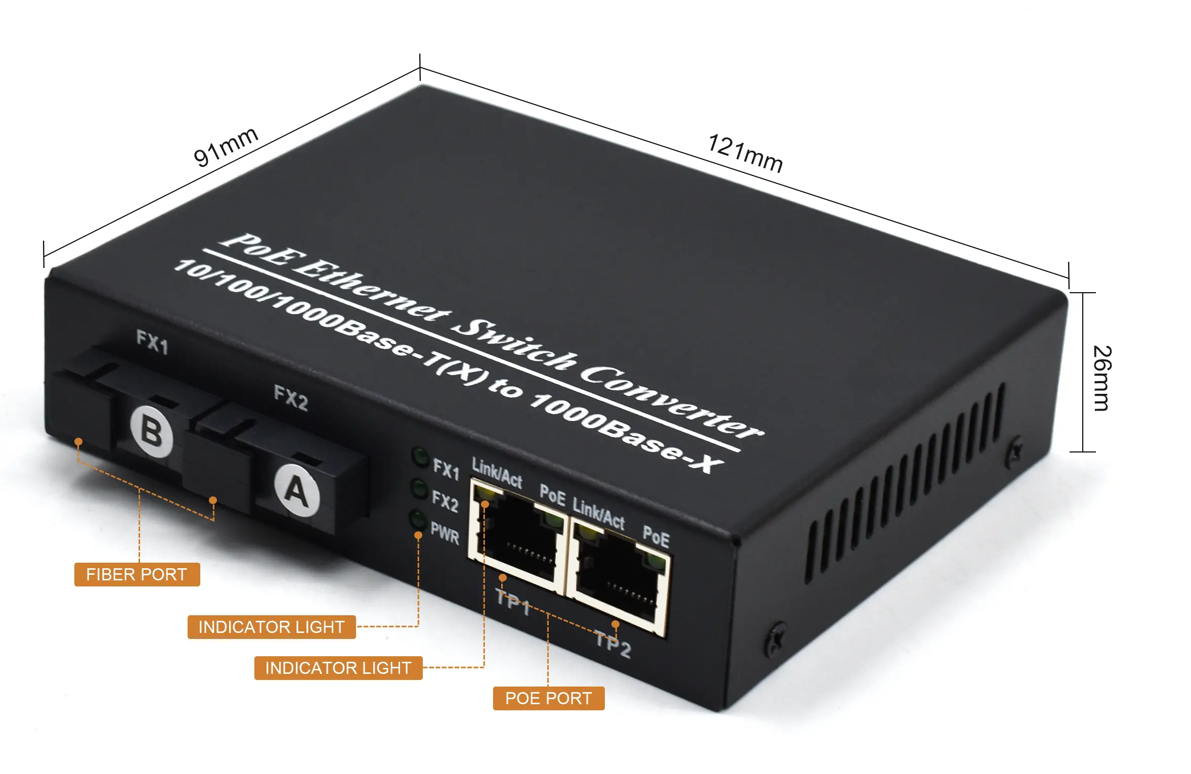 Product size: SG202P | Gigabit-unmanaged 2 port poe Schalter mit 2 fiber port (SC/FC/ST/SFP)