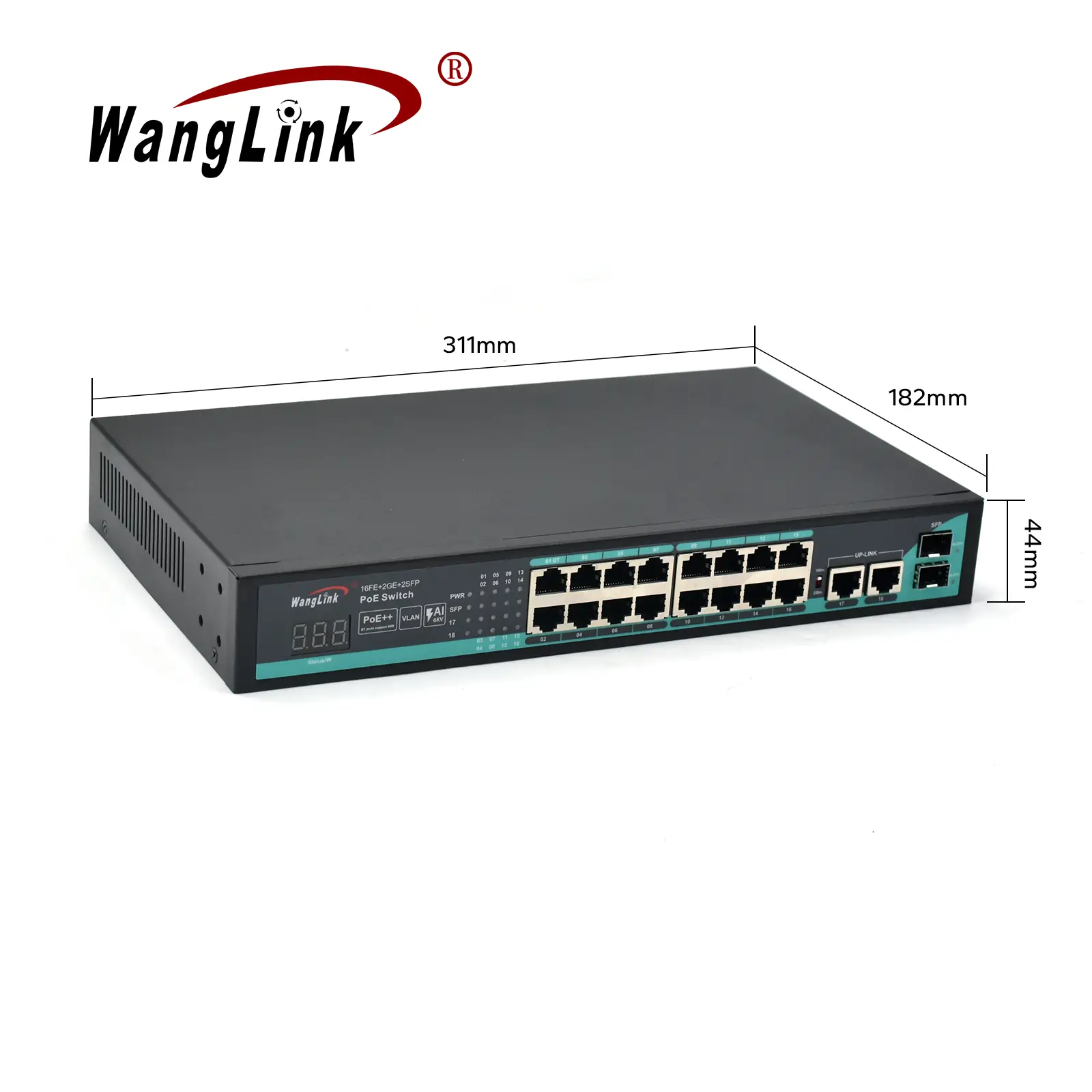 Product size: SL1622P-V2 | Fast ethernet 16-port-poe-Netzwerk-switch mit 2 Gigabit-uplink 2 SFP