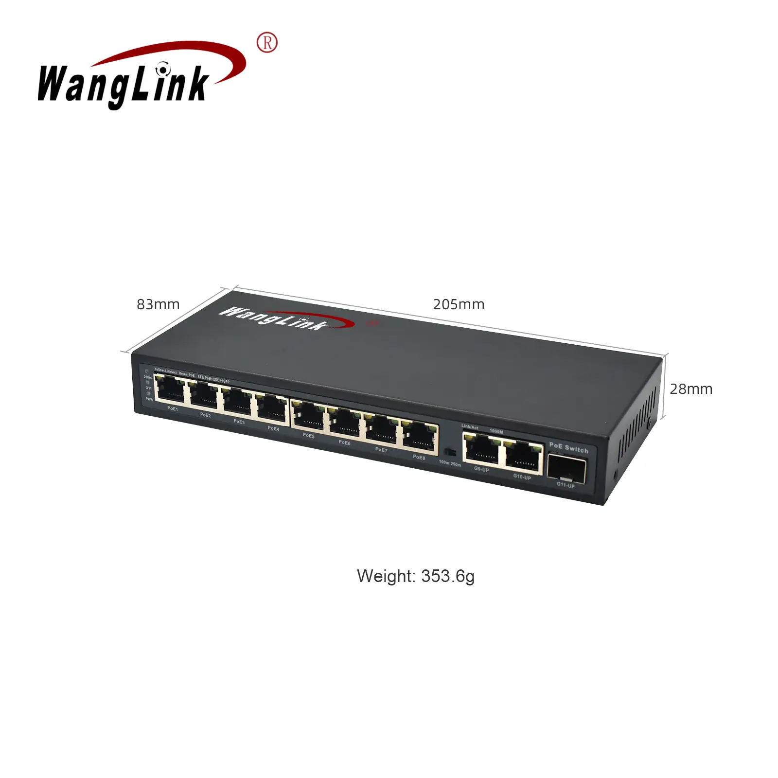 Product size: SL821P-E | Fast ethernet poe 8-port switch 2 Gigabit uplink 1 SFP