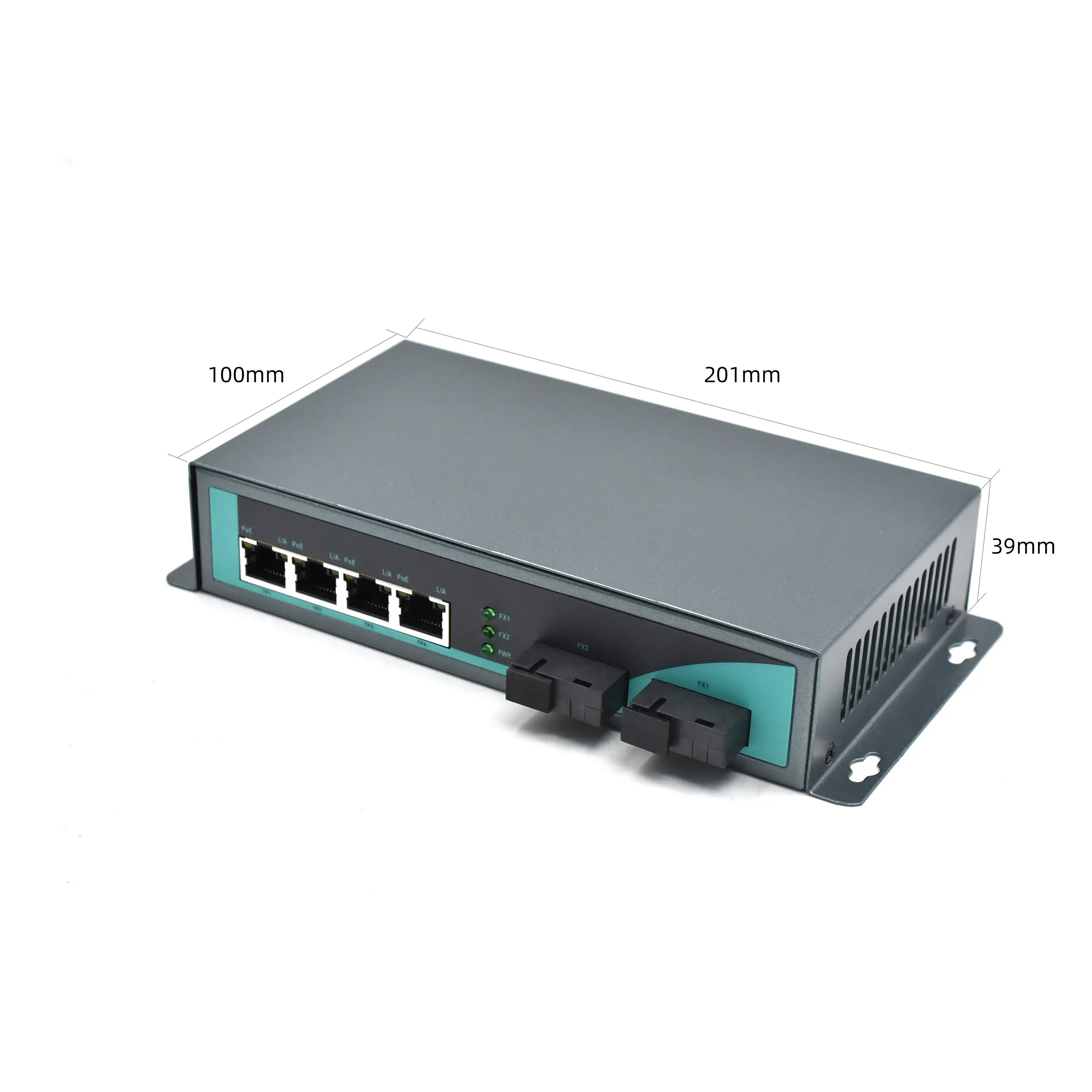 Product size: CG402P | Gigabit PoE 4-port fiber media converter 2 SC Faser port