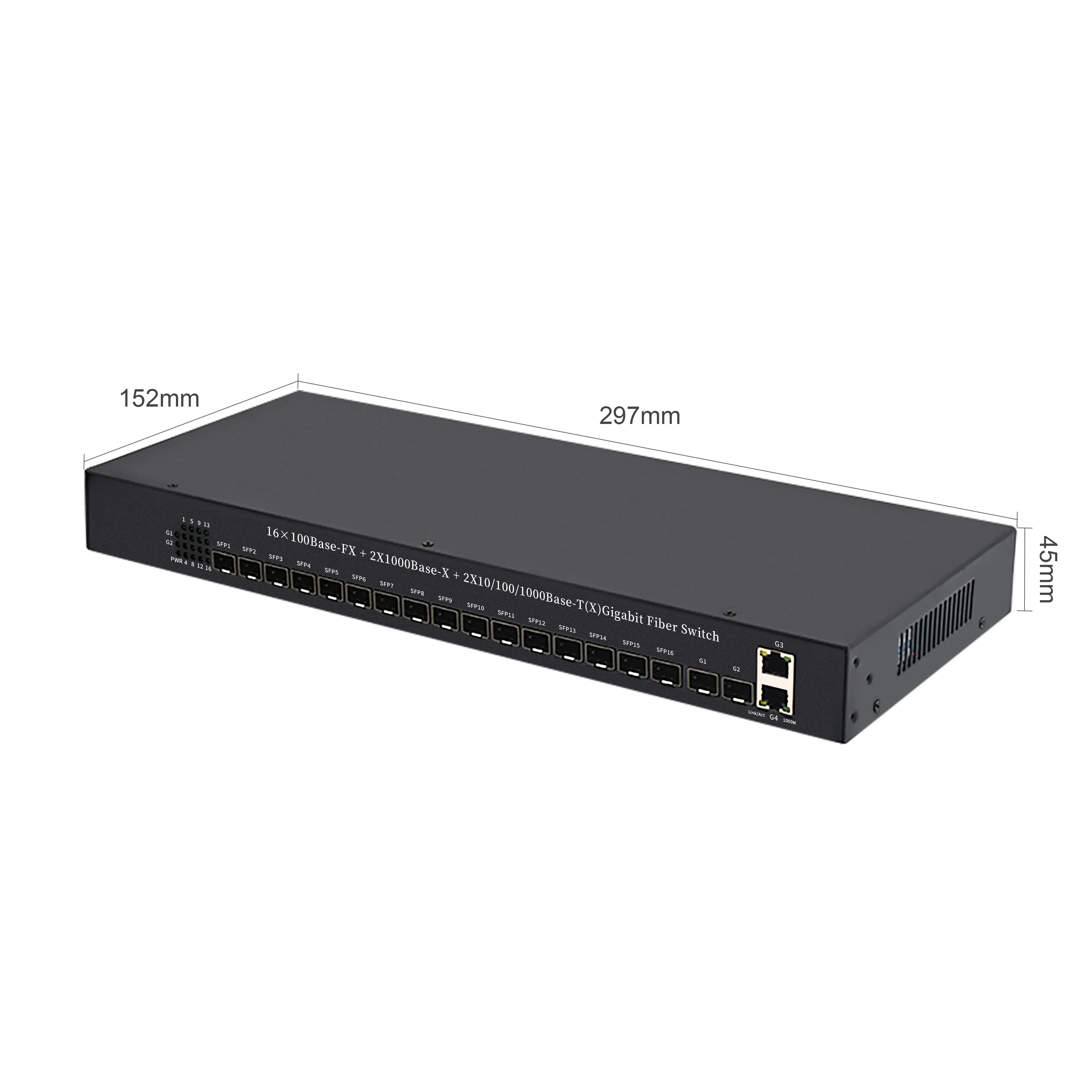 Product size: SL2216-R | Rackmount 100M 16-Port LWL zu ethernet-switch mit 2 Gigabit-Uplink 2 SFP