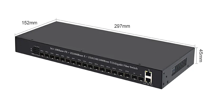 Product size: CL4016 | 100M 16 Port sfp Faser Medien Konverter mit 2 Gigabit-SFP 2 RJ45