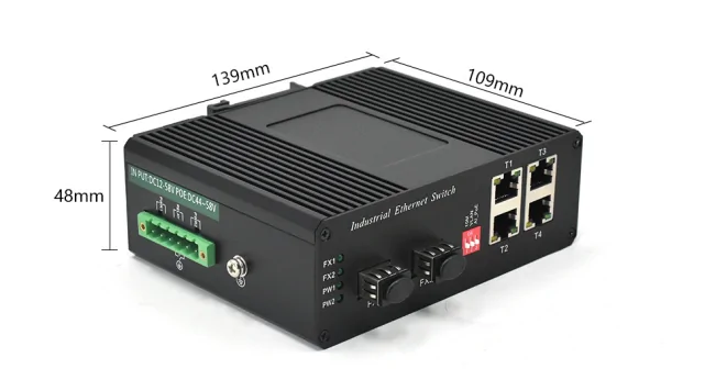 Product size: ISL402P | Fast-ethernet Industrial 4-Port din-rail mount poe switch 2 SFP