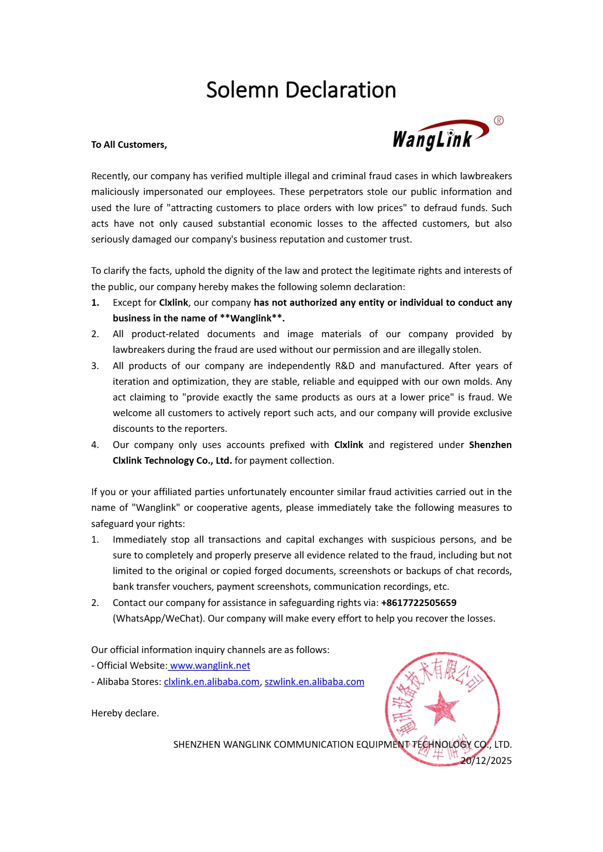 Solemn Declaration To All Customers,